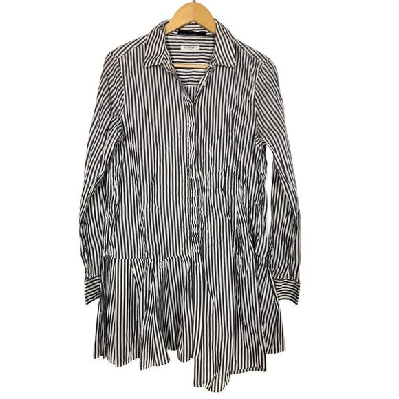 Equipment Dress Striped Pleated Long Sleeve Collared Shirtdress Mini Blue Large - Picture 5 of 13